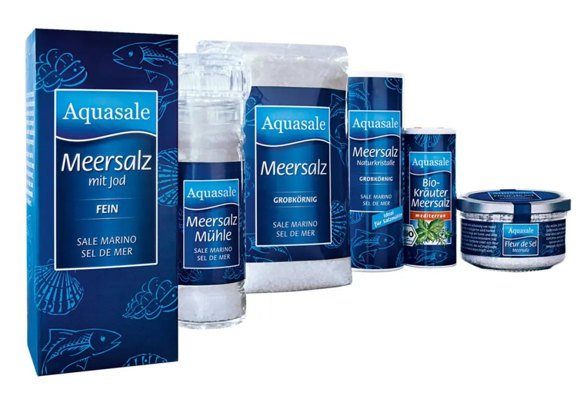Aquasale Meersalz ist grob oder fein, in Kombination mit Kräutern oder als Fleur de Sel erhältlich.