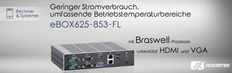 Bild: Die eBOX625-853-FL – umfassende Betriebstemperaturbereiche, E/A-Schnittstellen & Braswell SoC