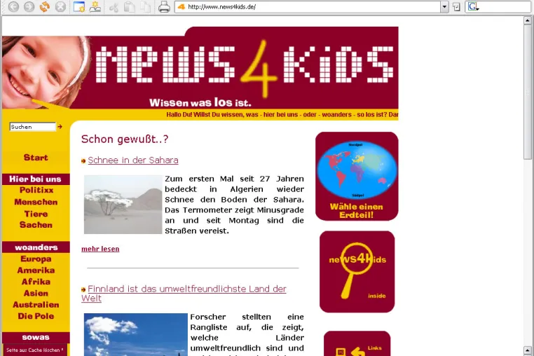 news4kids.de - Die neue Internet-Nachrichtenseite speziell für Kinder Bild: news4kids.de - Die neue Internet-Nachrichtenseite speziell für Kinder