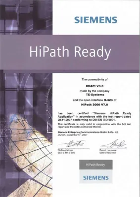 Siemens zertifiziert die XCAPI erfolgreich an der HiPath Bild: Siemens zertifiziert die XCAPI erfolgreich an der HiPath