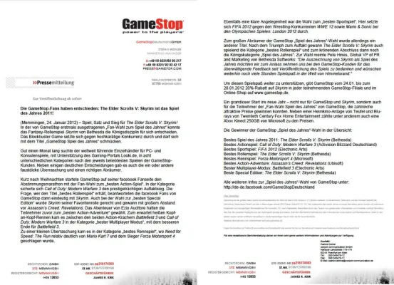Bild: Die GameStop-Fans haben entschieden: The Elder Scrolls V: Skyrim ist das Spiel des Jahres 2011