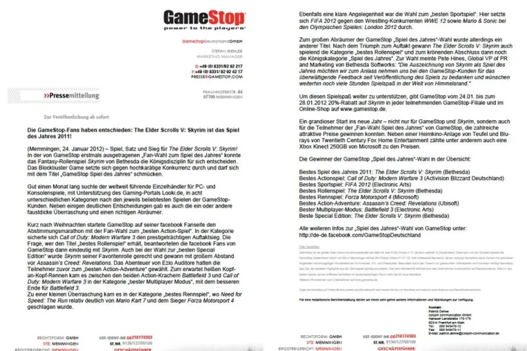 Bild: Die GameStop-Fans haben entschieden: The Elder Scrolls V: Skyrim ist das Spiel des Jahres 2011