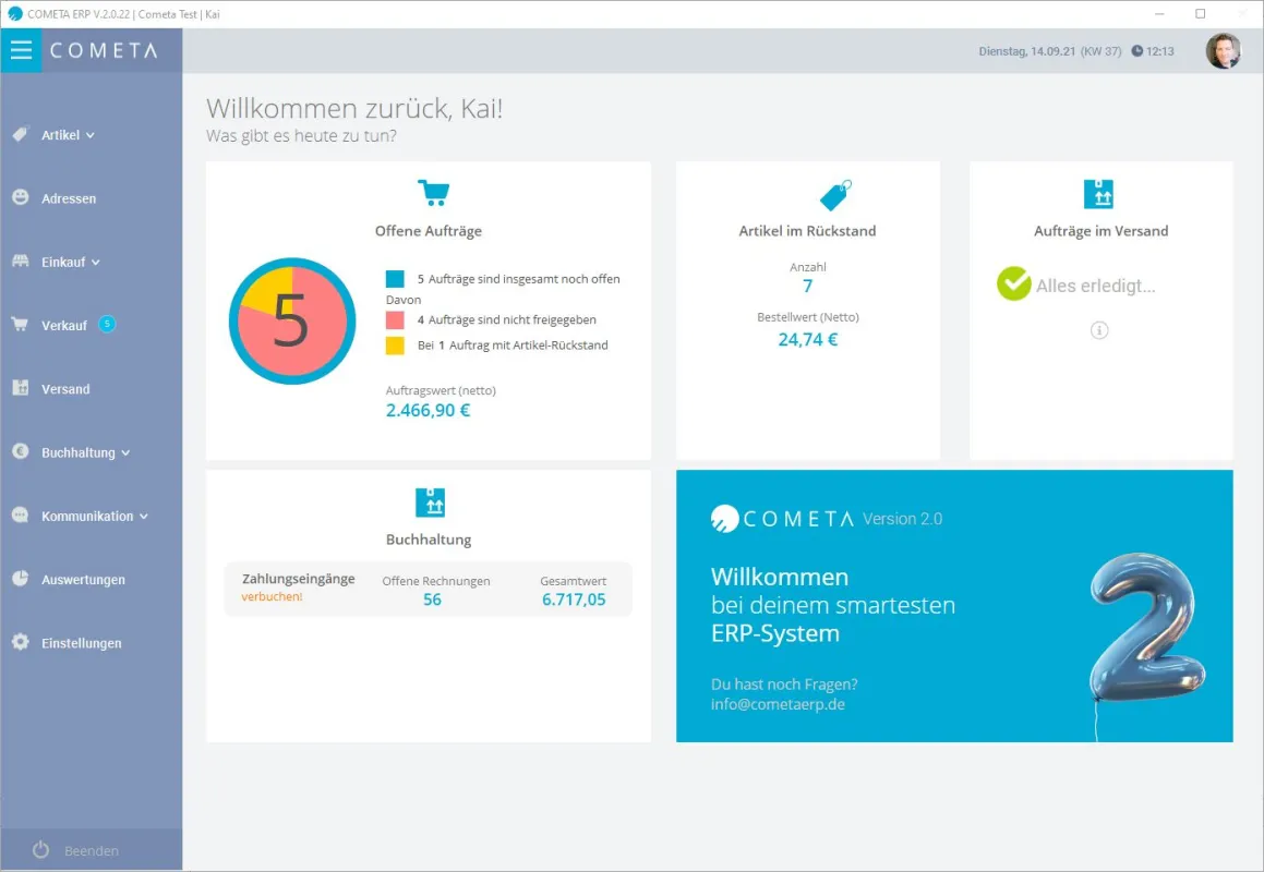 Cometa ERP - Übersichtliches Dashboard (© DreiMalM - Digitalmanufaktur)