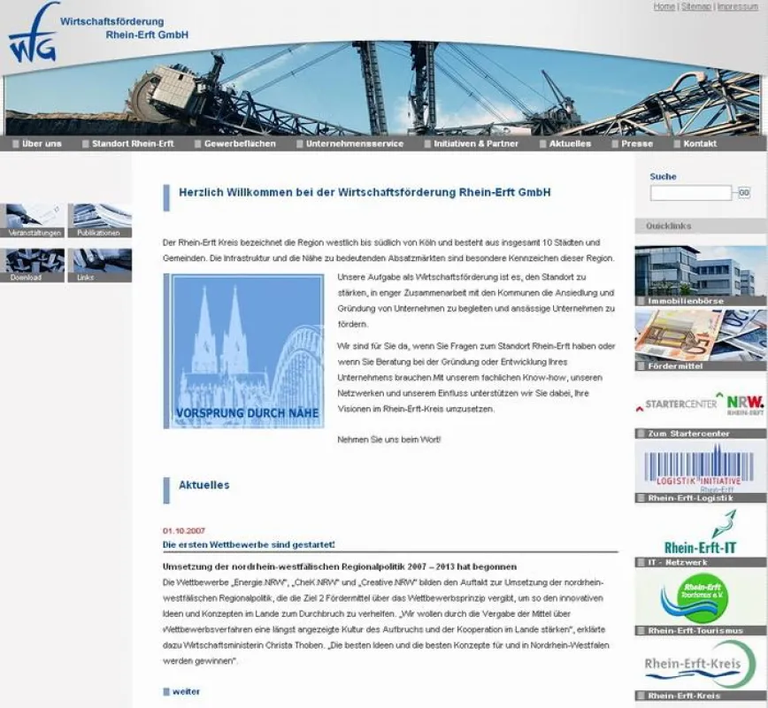 Die Startseite des neuen Internetauftrittes der WFG