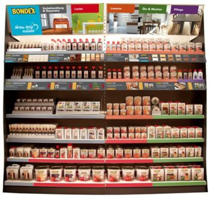 Sorgt für Orientierung am POS: das Regal für das neue Bondex Innen-Sortiment.
