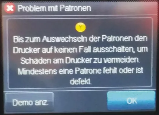 Bild: Achtung HP Firmeware-Update vom 13.09.2017 verursacht folgende Fehlermeldung "Problem mit Patrone"