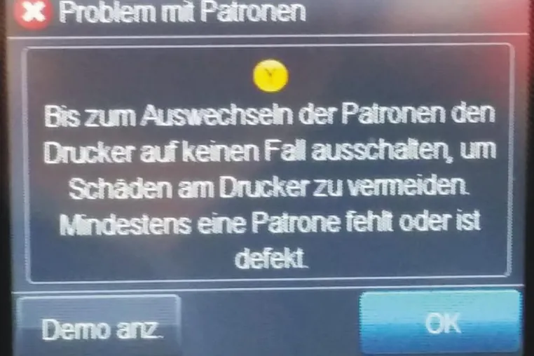 Bild: Achtung HP Firmeware-Update vom 13.09.2017 verursacht folgende Fehlermeldung "Problem mit Patrone"