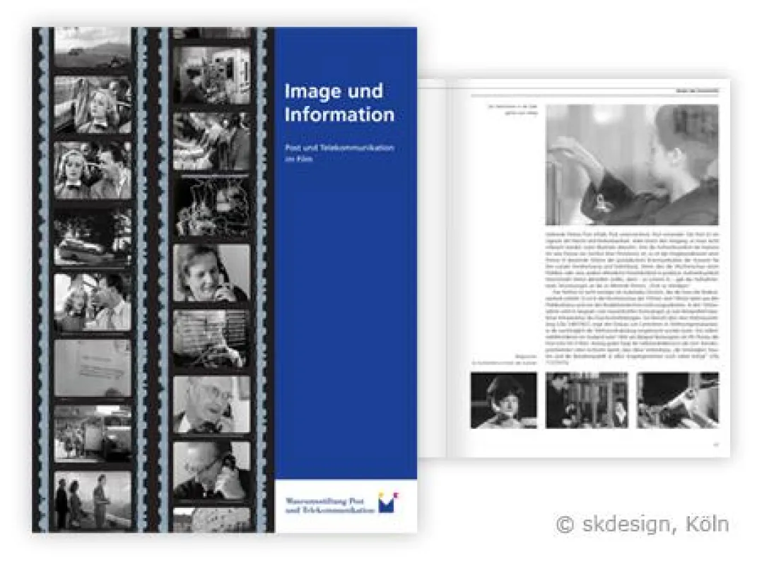 Umschlag und Innenseite, des Katalogs „Image und Information – Post- und Telekommunikation im Film“ der von skdesign in Köln gestaltet wurde und Ende 2007 erschienen ist.