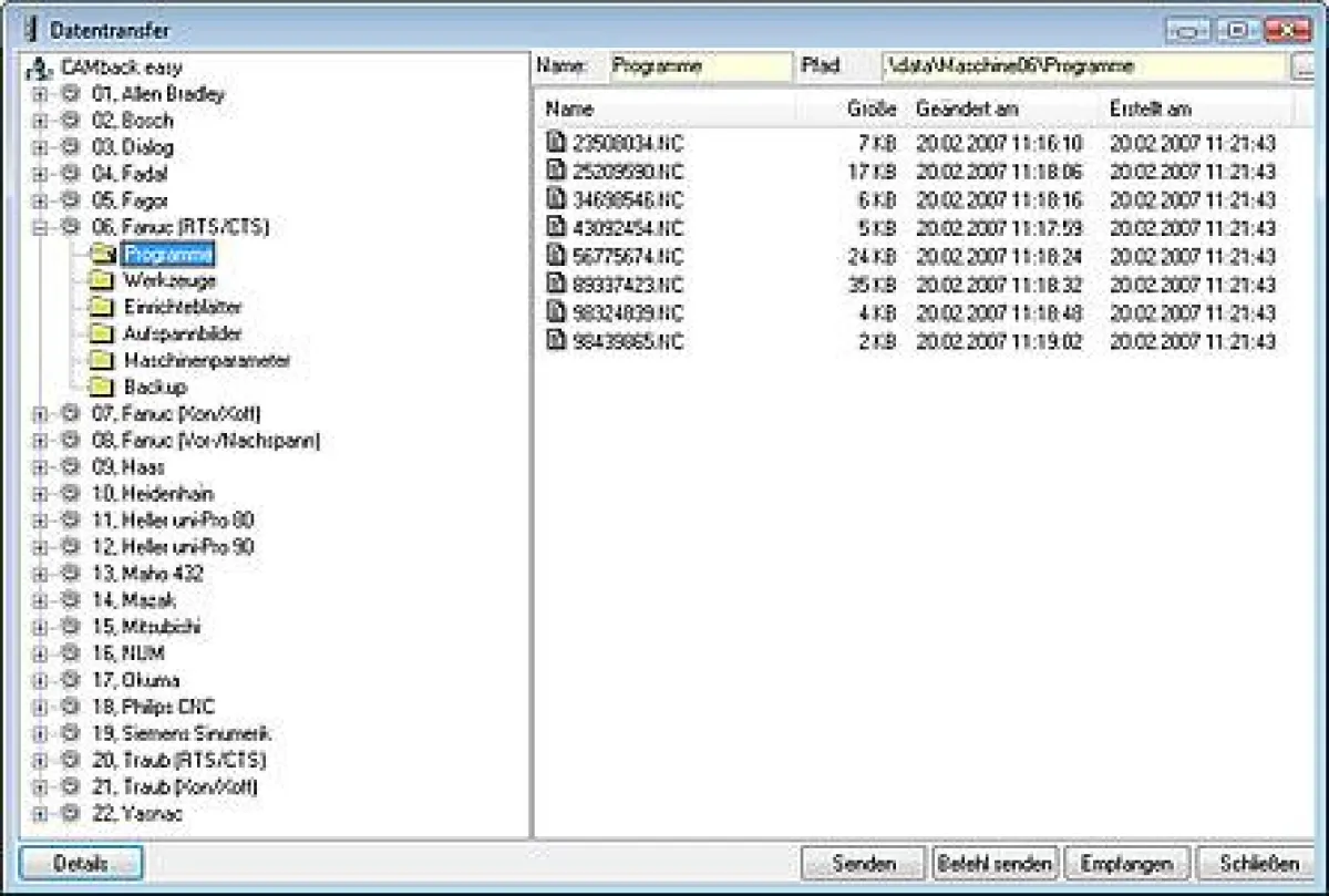 Einstellparameter zur CNC-Datenübertragung für viele Maschinensteuerungen bereits vorkonfiguriert