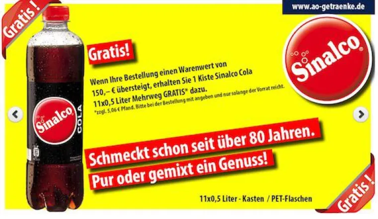 Bild: Der Muntermacher im Mai: Sinalco Cola Kiste gratis Aktion bei A&O Getränke