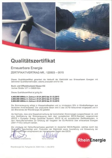 Bild: Buch- und Offsetdruckerei Häuser KG produziert ab sofort nur noch mit Elektrizität aus erneuerbaren Energien