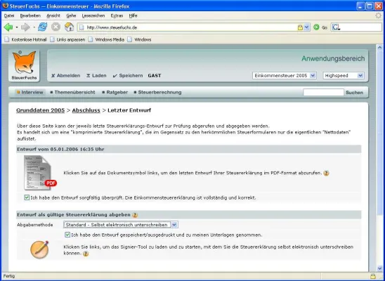Bild: Steuererklärung 2005/2006 mit SteuerFuchs – digitale Unterschrift ermöglicht erstmals vollständig papierlose Abgabe