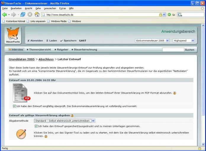Steuererklärung 2005/2006 mit SteuerFuchs – digitale Unterschrift ermöglicht erstmals vollständig papierlose Abgabe Bild: Steuererklärung 2005/2006 mit SteuerFuchs – digitale Unterschrift ermöglicht erstmals vollständig papierlose Abgabe