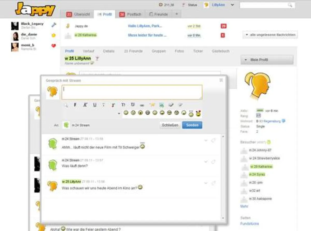 Screenshot: Profil mit Mail-Dialogen