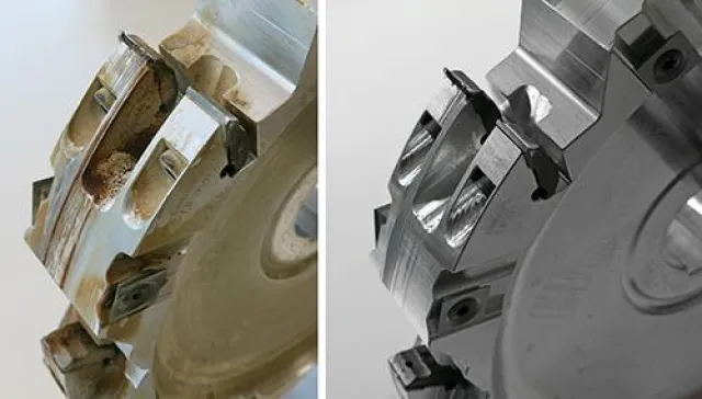 Bild: Wirkung der Hochleistungs-Ultraschallreinigung bei Holzbearbeitungswerkzeugen