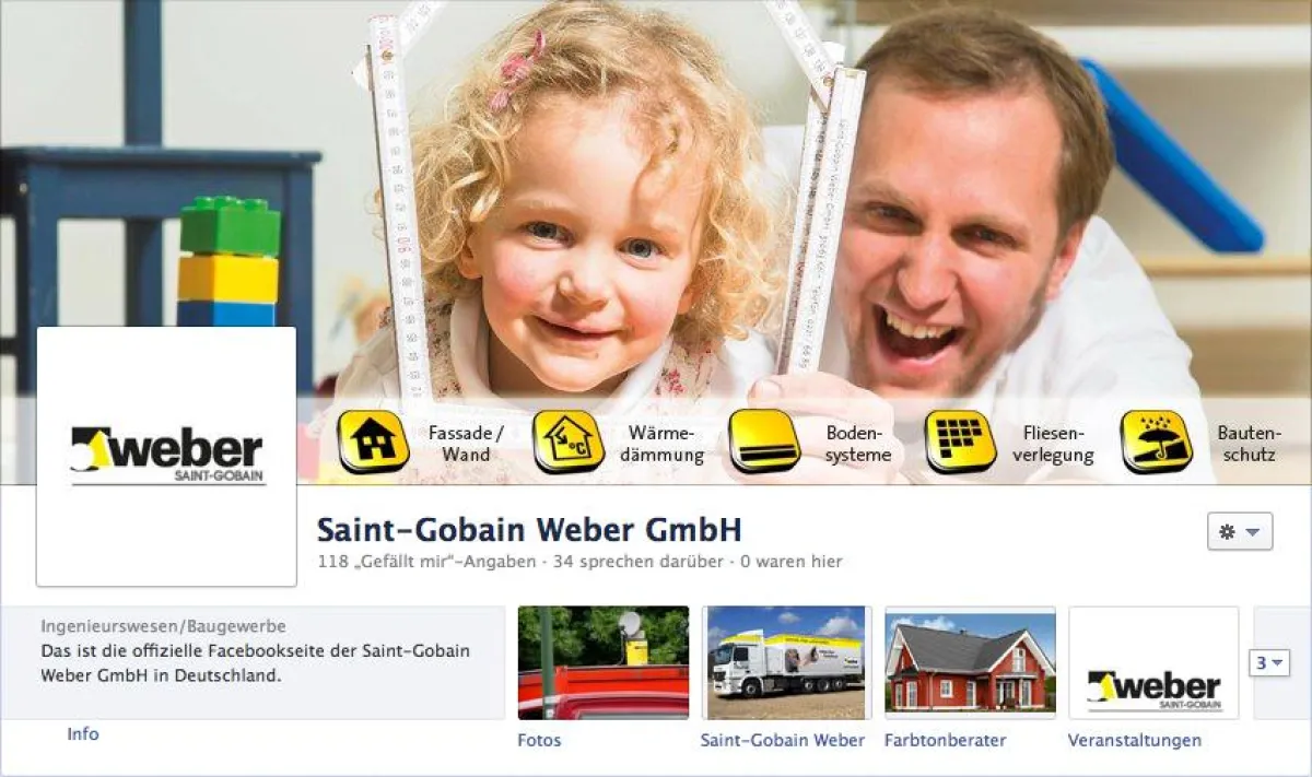 Auf seiner neuen, offiziellen Facebook-Präsenz informiert der Baustoffhersteller Saint-Gobain Weber