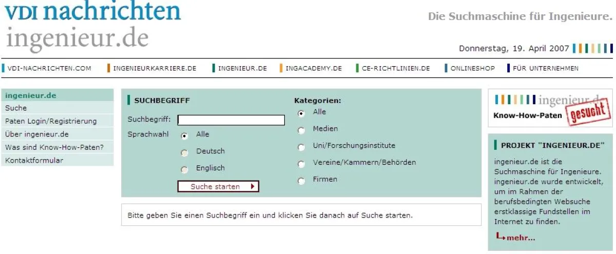 ingenieur.de - Eine Suchmaschinen realisiert durch die Webeffekt AG