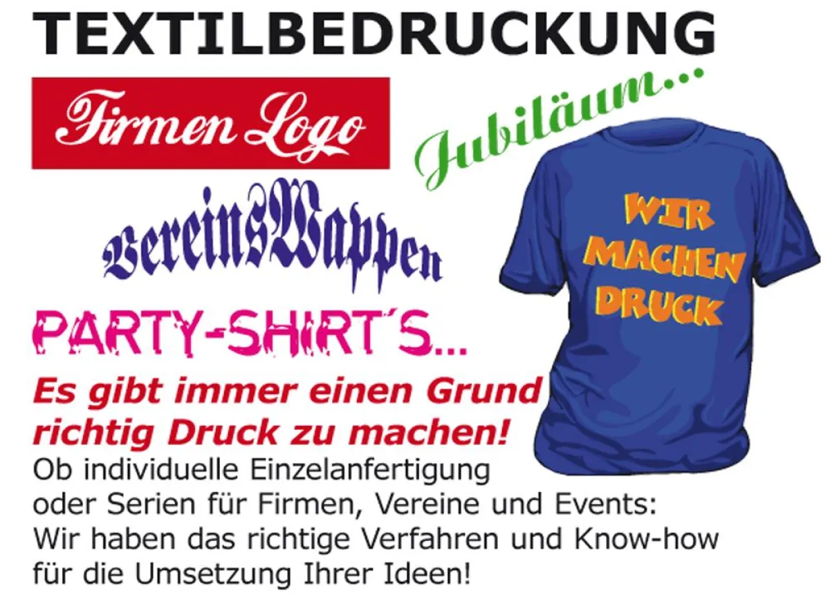 Bedruckung von T-Shirts, Poloshirts und Arbeitsbekleidung für jeden Anlass