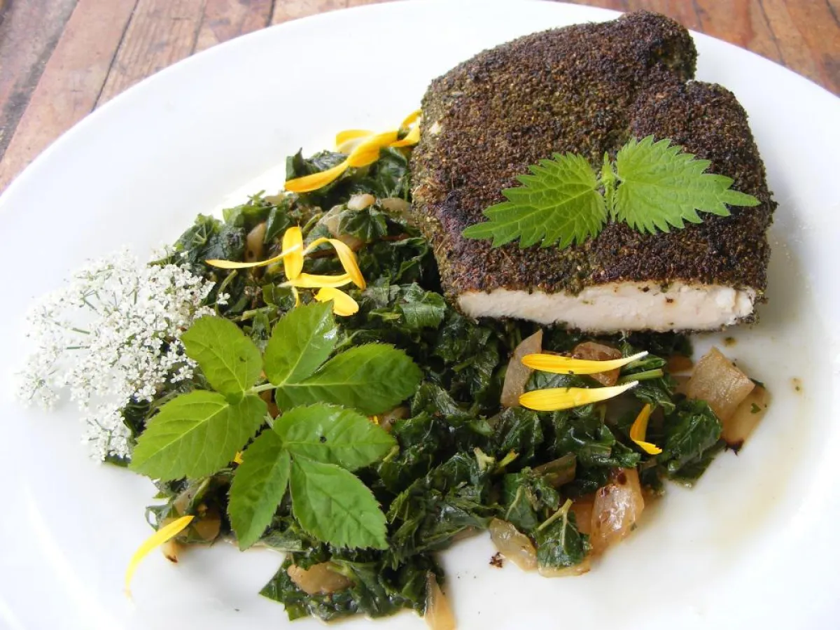 Unkrautvernichtung mal anders: Hähnchen im Brennnesselsamenmantel auf Gierschgemüse