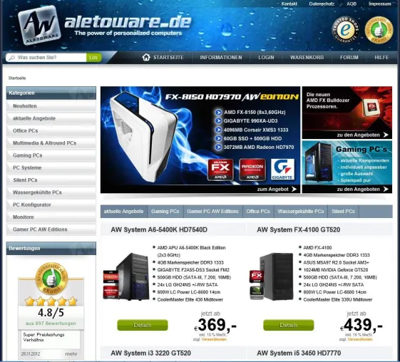 Bild: Neue Gamer PC Linie bei aletoware.de