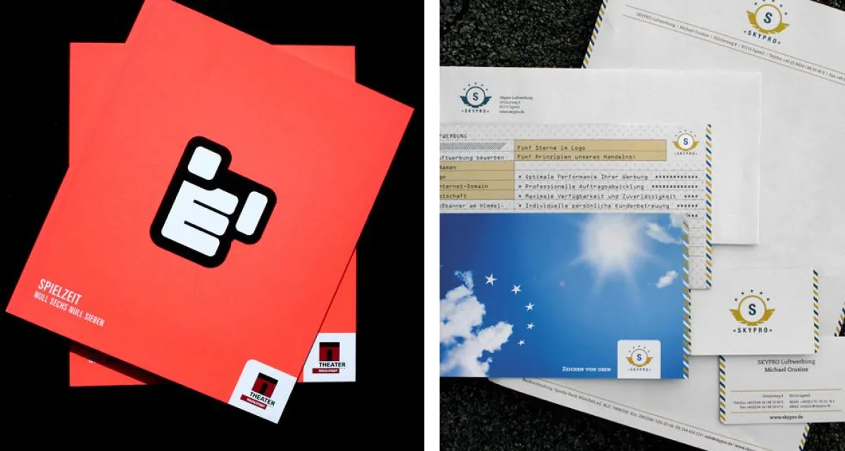 links: Spielzeitheft des Theaters Ingolstadt, rechts: Geschäftsausstattung SKYPRO Luftwerbung