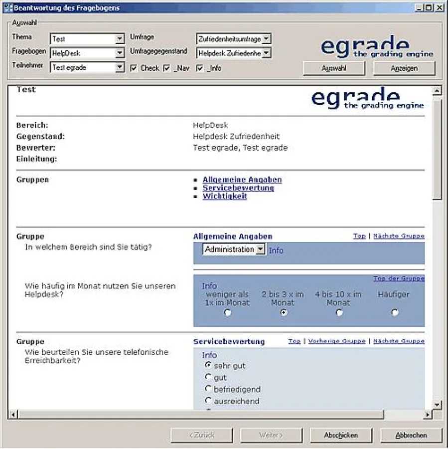 Muster eines Fragebogens, der in egrade erstellt wurde. Lediglich zur Veröffentlichung braucht man einen Webserver - alles andere offline am PC.