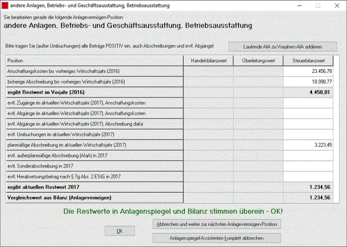 Beispiel für den Anlagenspiegel-Assistenten