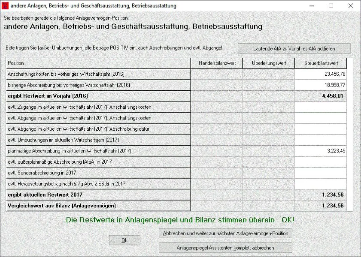 Beispiel für den Anlagenspiegel-Assistenten