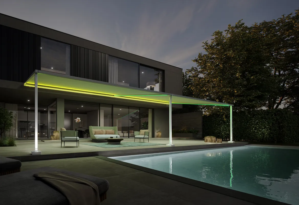 Die „pergola style“ fasziniert mit schlanker Gestalt und einer besonders effektvollen Lichttechnik. (© markilux)