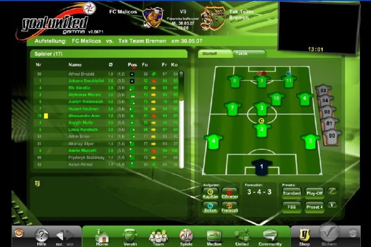 goalunited: version 1.0 ist mit vielen neuen Funktionen gestartet. Bild: Aufstellung der Mannschaft