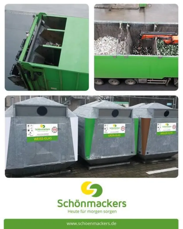 Entsorger bringen das gesammelte Glas nach Farben getrennt in die Aufbereitungsanlage