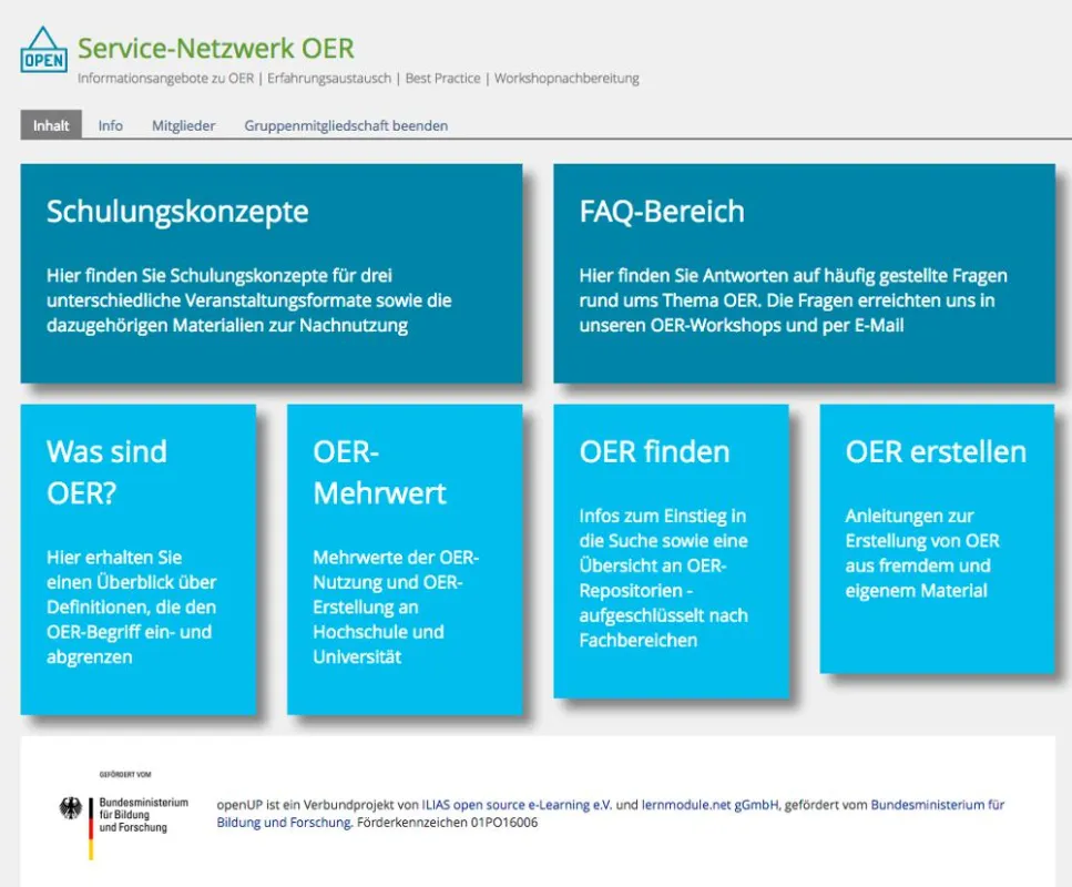 Screenshot des Service-Netzwerks OER aus dem Projekt openUP, CC0 (https://creativecommons.org/public