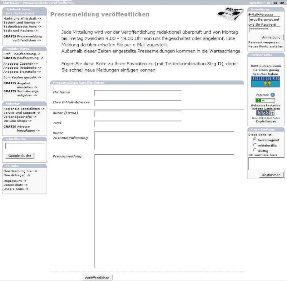 Editor für neue Pressemeldungen auf http://notebooks.de/portal