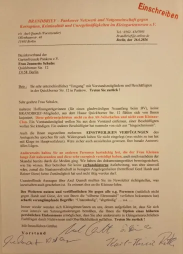BRANDBRIEF-Versammlung mit deutliche Kritik an der Vorsitzenden des Bezirksverbands der Gartenfreunde Pankow. Bild: BRANDBRIEF-Versammlung mit deutliche Kritik an der Vorsitzenden des Bezirksverbands der Gartenfreunde Pankow.