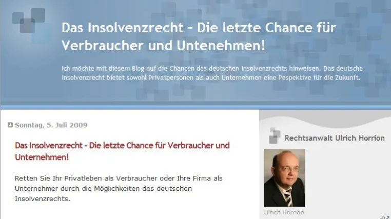Bild: Neuer Blog Insolvenzrecht von Rechtsanwalt Ulrich Horrion aus Dresden mit Büro in Glashütte