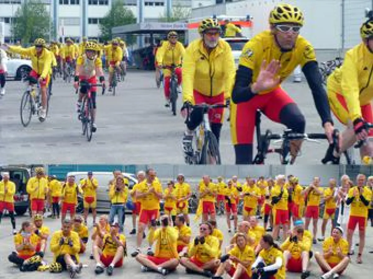 Ankunft der Radfahrer der Promi Tour Ginkgo im Arbachtal