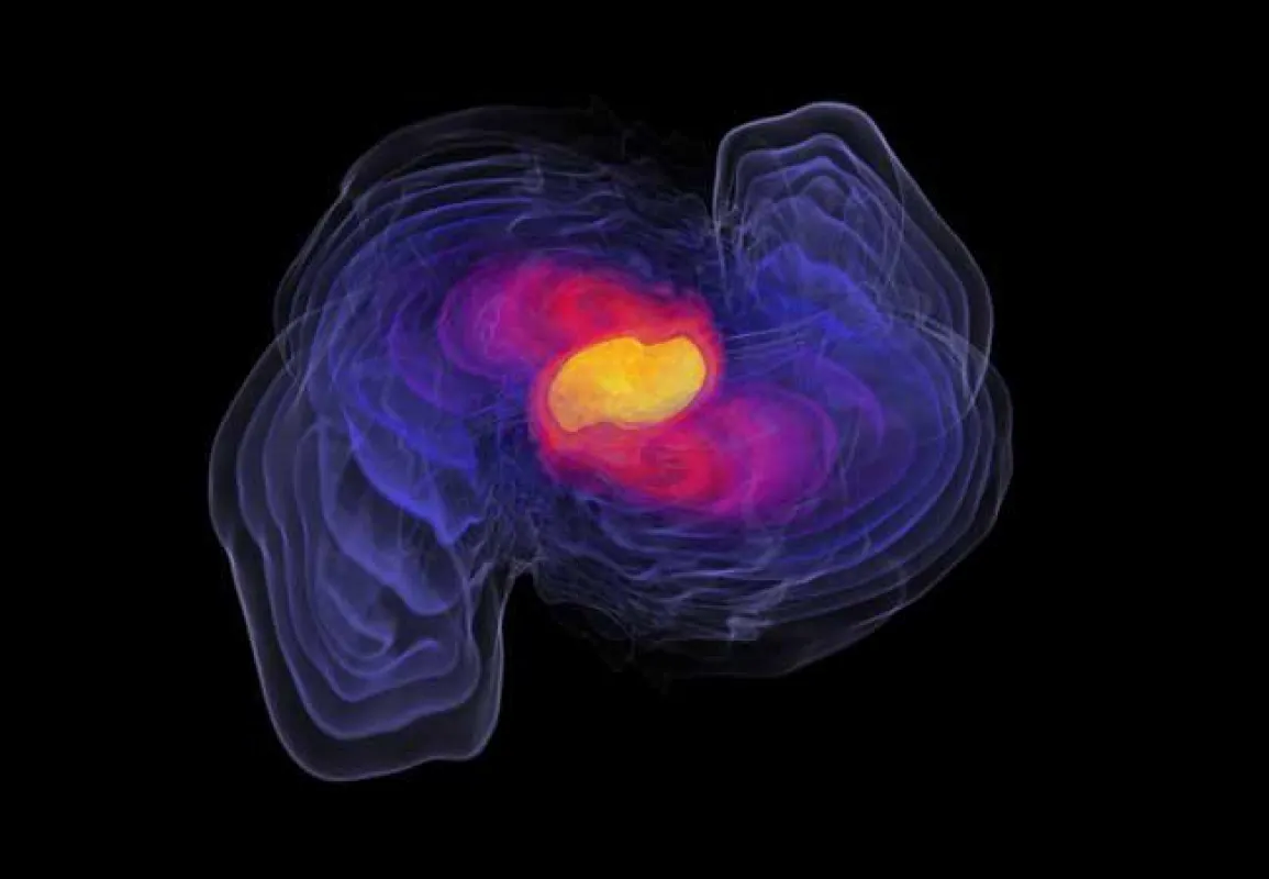 Eine Simulation von zwei miteinander verschmelzenden Neutronensternen von Prof. Luciano Rezzolla. (Bild: Luciano Rezzolla)