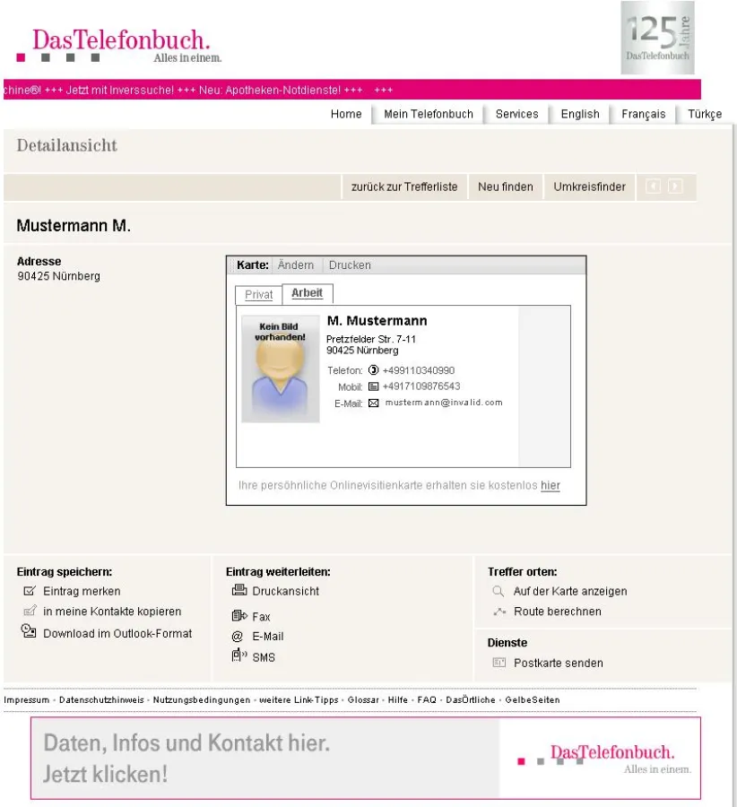 Unverschlüsselter Eintrag der geschäftlichen Kontaktdaten im Telefonbuch.de