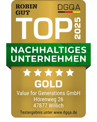 Bild: DGQA verleiht ROBIN GUT Nachhaltigkeitssiegel in Gold an die Value for Generations GmbH