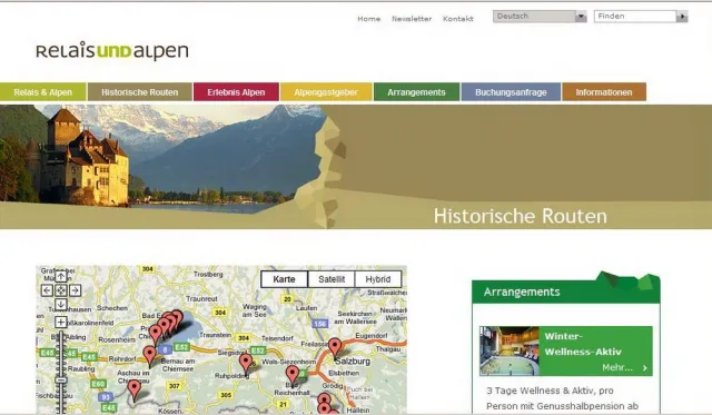 Bild: Historische Routen, ein Schwarzer Adler und ein Weisses Rössl im Erlebnisland Alpen