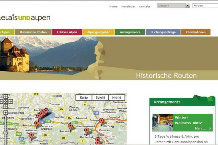 Bild: Historische Routen, ein Schwarzer Adler und ein Weisses Rössl im Erlebnisland Alpen