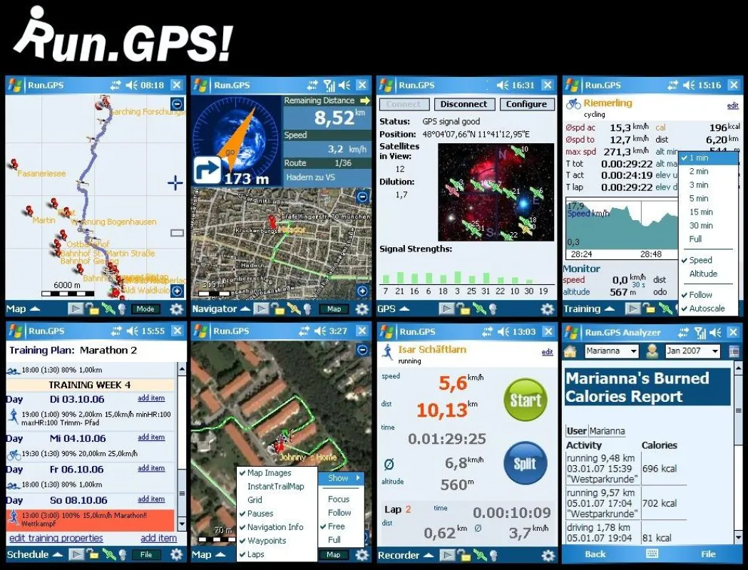 Ausgewählte Screens für Navigation, Aufzeichnung etc.