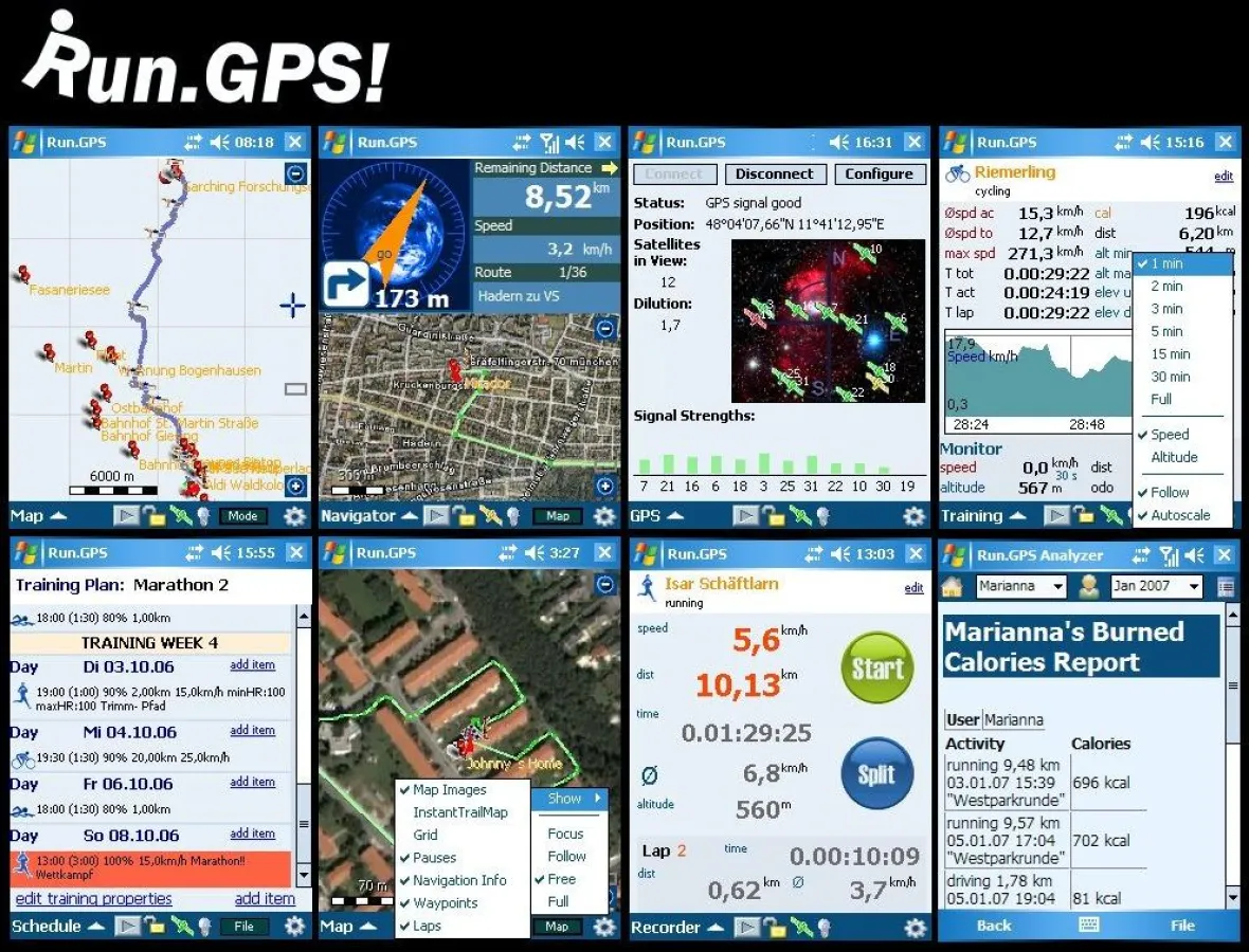 Ausgewählte Screens für Navigation, Aufzeichnung etc.