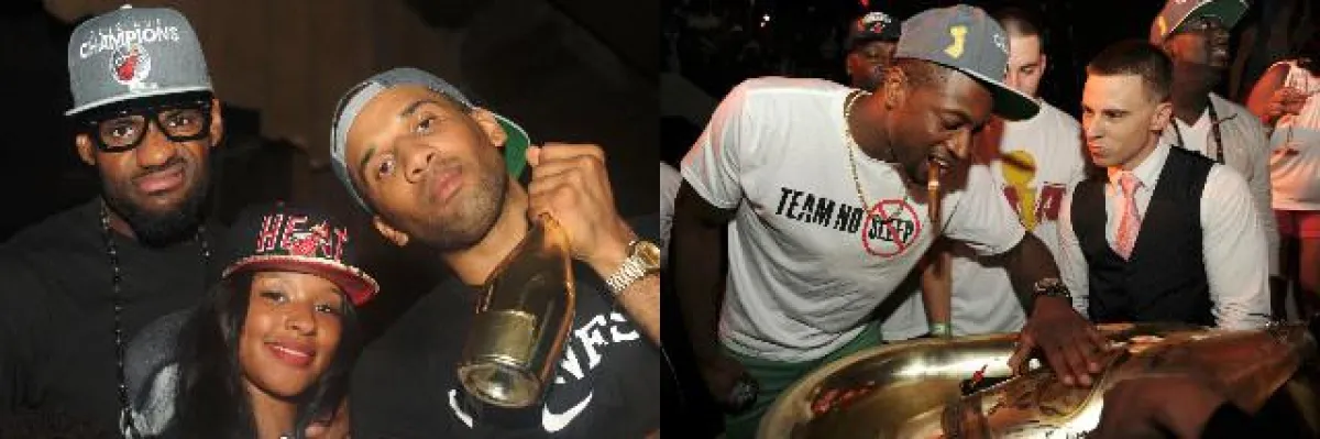 Links: LeBron James, Freundin Savannah Brinson und Manager Maverick Carter, rechts: Dwyane Wade.