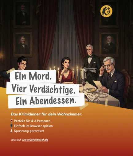 GeheimTisch bringt browserbasierte Krimi-Dinner Murder-Mystery-Spiele für 4 bis 6 Personen nach Hause. Bild: GeheimTisch bringt browserbasierte Krimi-Dinner Murder-Mystery-Spiele für 4 bis 6 Personen nach Hause.