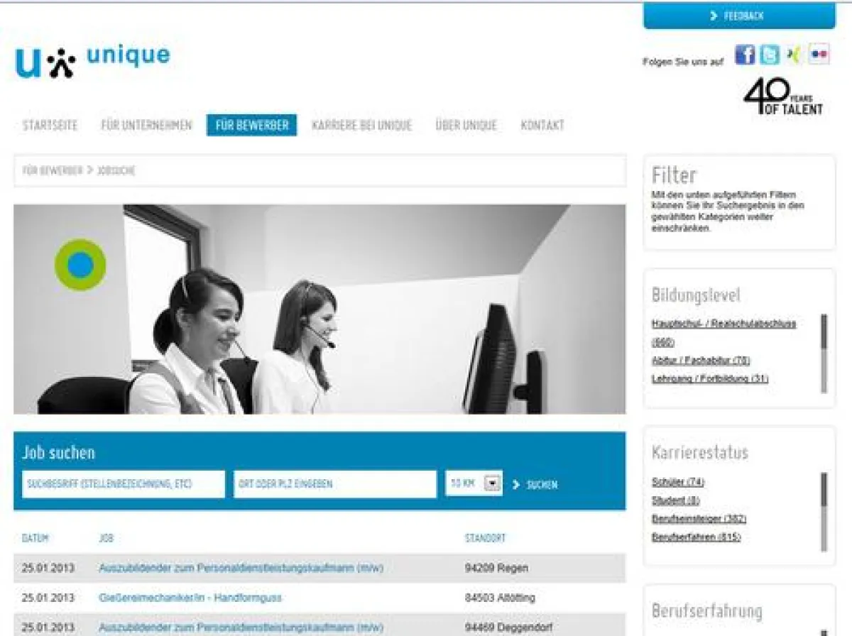 Screenshot der Unique-Website