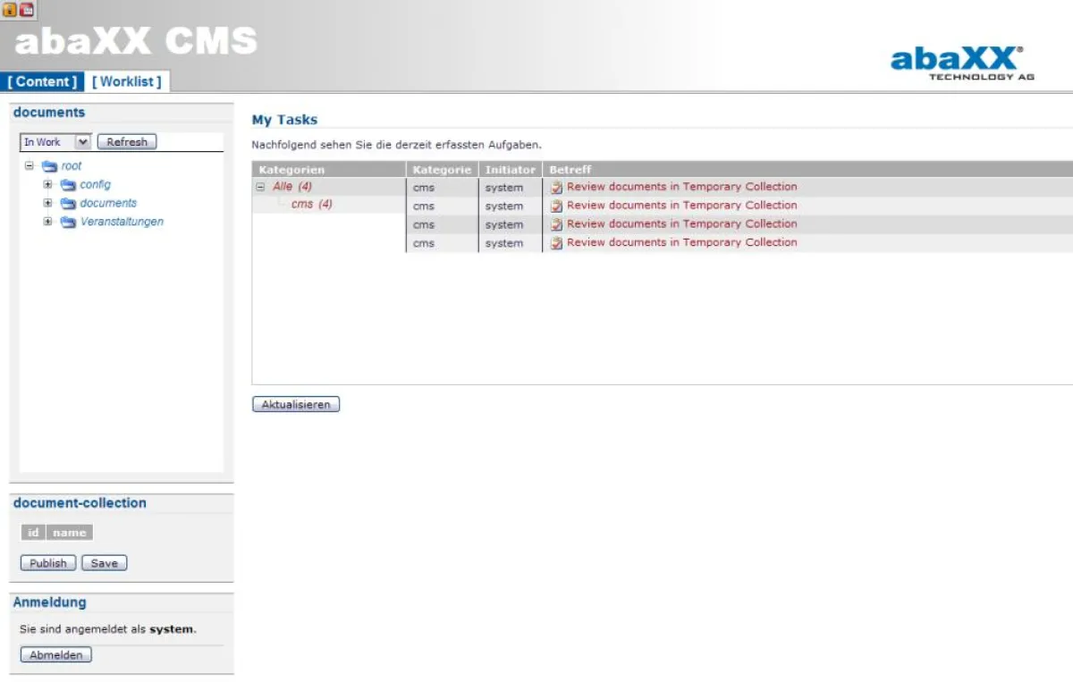 Aufgabenliste im abaXX Content Management System