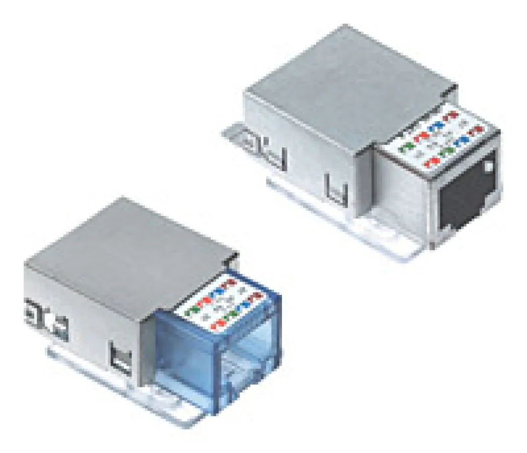 Die Stars der Kupferverkabelung von R&M für den sicheren Weg zu 10 Gigabit Ethernet. Links das Kat. 6 Anschlussmodul aus dem STAR Real10 UTP Sortiment - geschützt mit WARP-Technologie. Rechts das voll