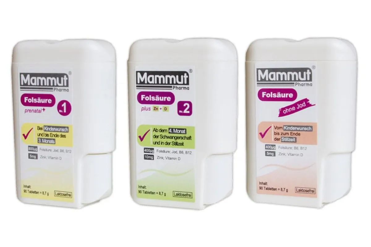 Gesunde Ernährung in der Schwangerschaft: Mammut prenatal Nr. 1, Nr. 2 und Mammut ohne Jod