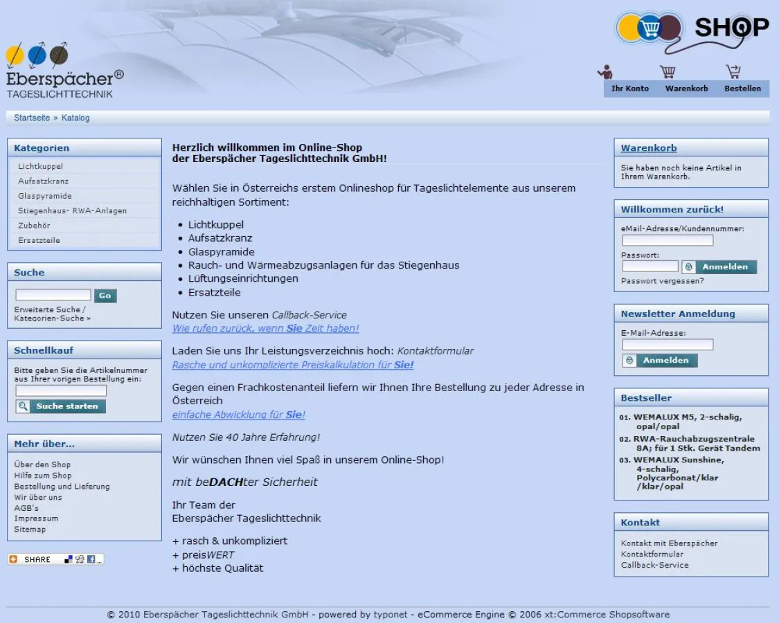 Online-Shop der Eberspächer Tageslichttechnik GmbH: shop.tageslichttechnik.at